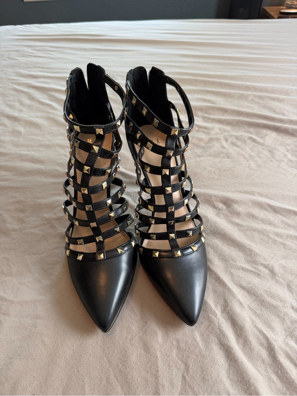 Black Strappy and Gold Studded Heels